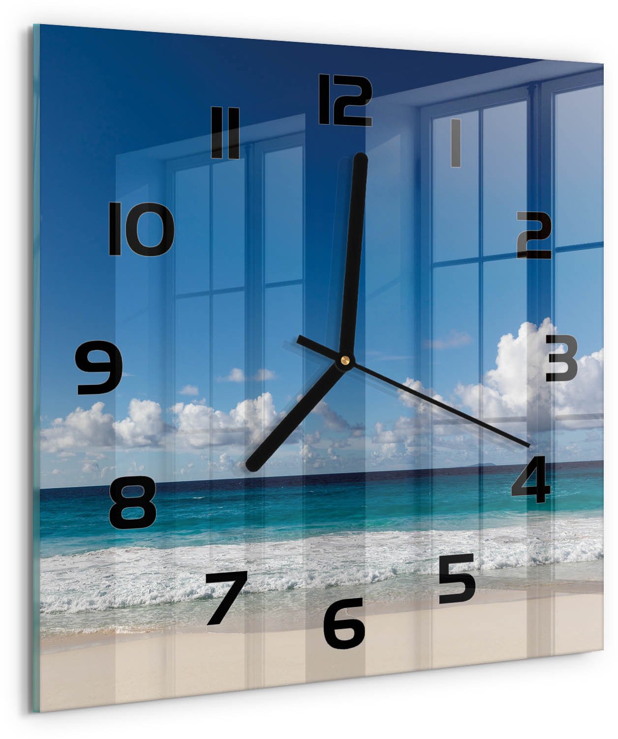 Tulup Wandklok - strand op de Seychellen Glazen Klok Met Print - 30x30 cm - Blauw Wandklok Glas Met Motief - Zwarte handen - Vierkante Klok - Wandklok Glas Decoratie - Gekleurde Glazen Klok