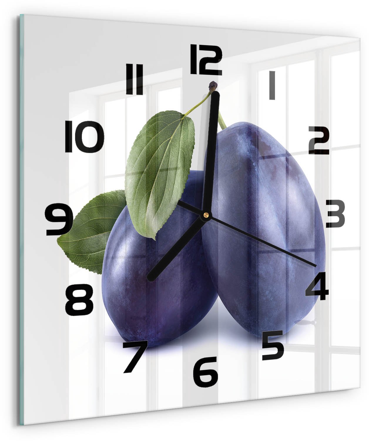 Tulup Wandklok - Pruimen Glazen Klok Met Print - 30x30 cm - Blauw Wandklok Glas Met Motief - Zwarte handen - Vierkante Klok - Wandklok Glas Decoratie - Gekleurde Glazen Klok