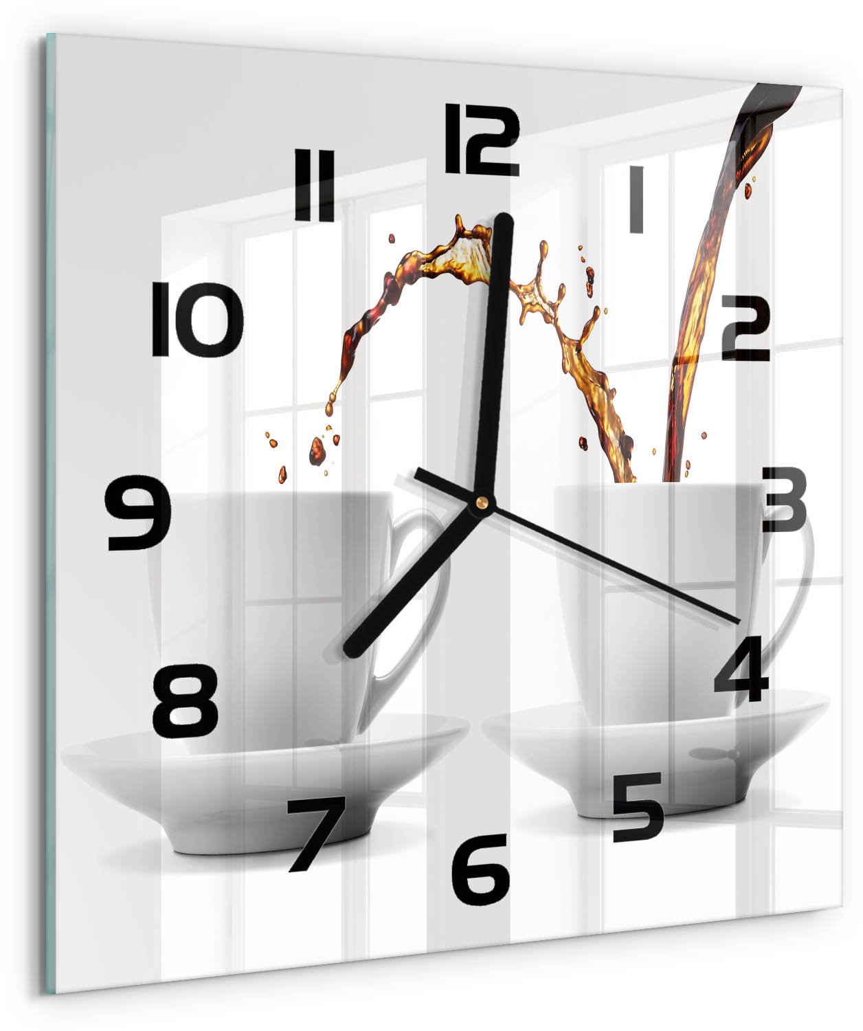 TULUP Wandklok - Lekkende koffie Glazen Klok Met Print - 30x30 cm - Bruin Wandklok Glas Met Motief - Zwarte handen - Vierkante Klok - Wandklok Glas Decoratie - Gekleurde Glazen Klok