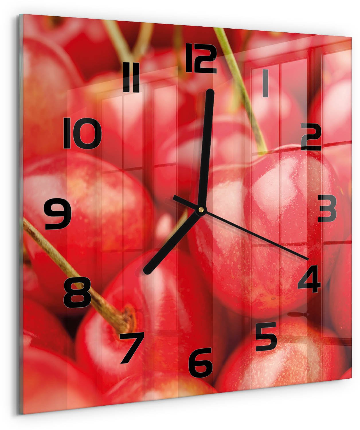 TULUP Wandklok - Kers Wandklok Glas Met Motief - 30x30 cm - Rood Decoratieve Glazen Klok - Zwarte handen - Vierkante Klok - Gekleurde Glazen Klok - Glazen Klok Met Print