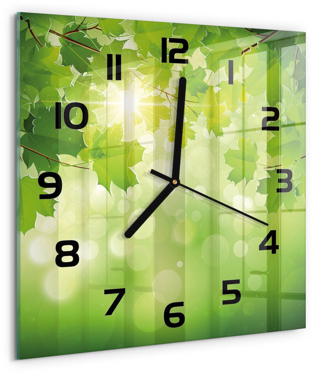 TULUP Wandklok - Paardenkastanjebladeren Moderne Wandklok Glas - 30x30 cm - Groente Wandklok Glas Decoratie - Zwarte handen - Vierkante Klok - Glazen Wandklok Design - Klok Glas Met Opdruk