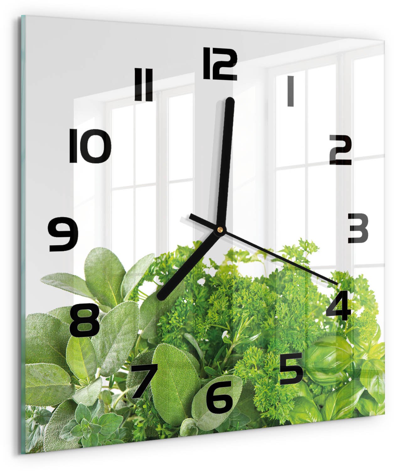 TULUP Wandklok - Kruiden Moderne Wandklok Glas - 30x30 cm - Groente Wandklok Glas Decoratie - Zwarte handen - Vierkante Klok - Glazen Wandklok Design - Klok Glas Met Opdruk