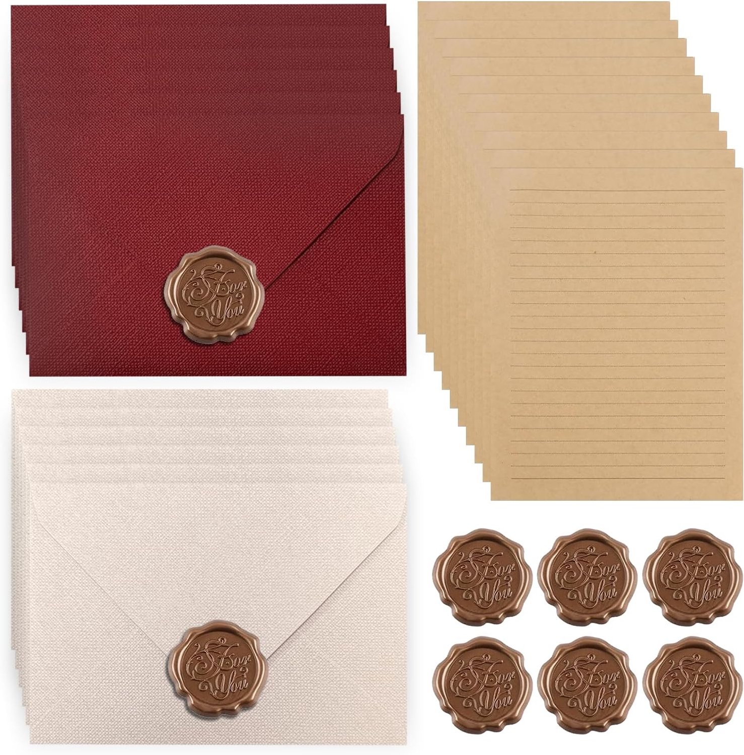 Vintage briefpapier set 22-delig - Kraft papier - met 6 enveloppen en waszegels - perfect voor liefdevolle brieven - ShopVlot