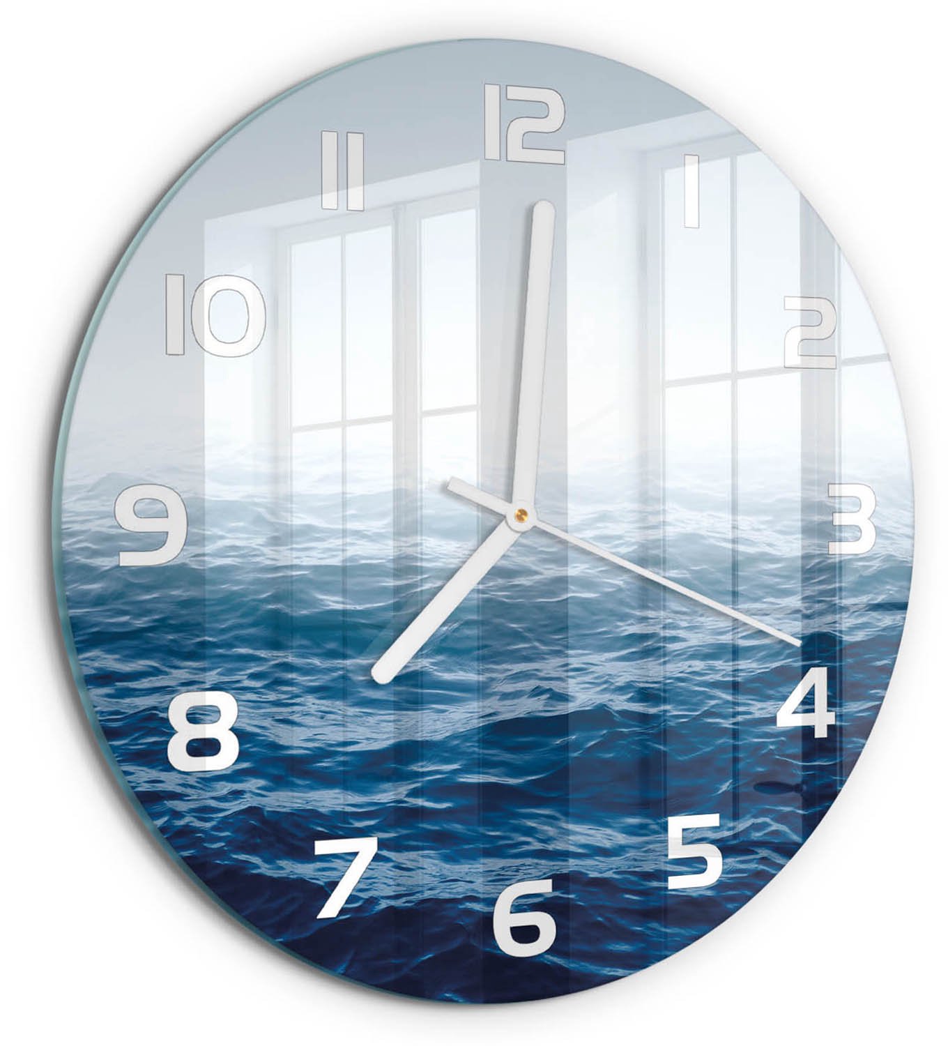 TULUP Wandklok - Oceaangolven Moderne Wandklok Glas - fi30 cm - Blauw Wandklok Glas Decoratie - Witte handen - Ronde Klok - Glazen Wandklok Design - Klok Glas Met Opdruk