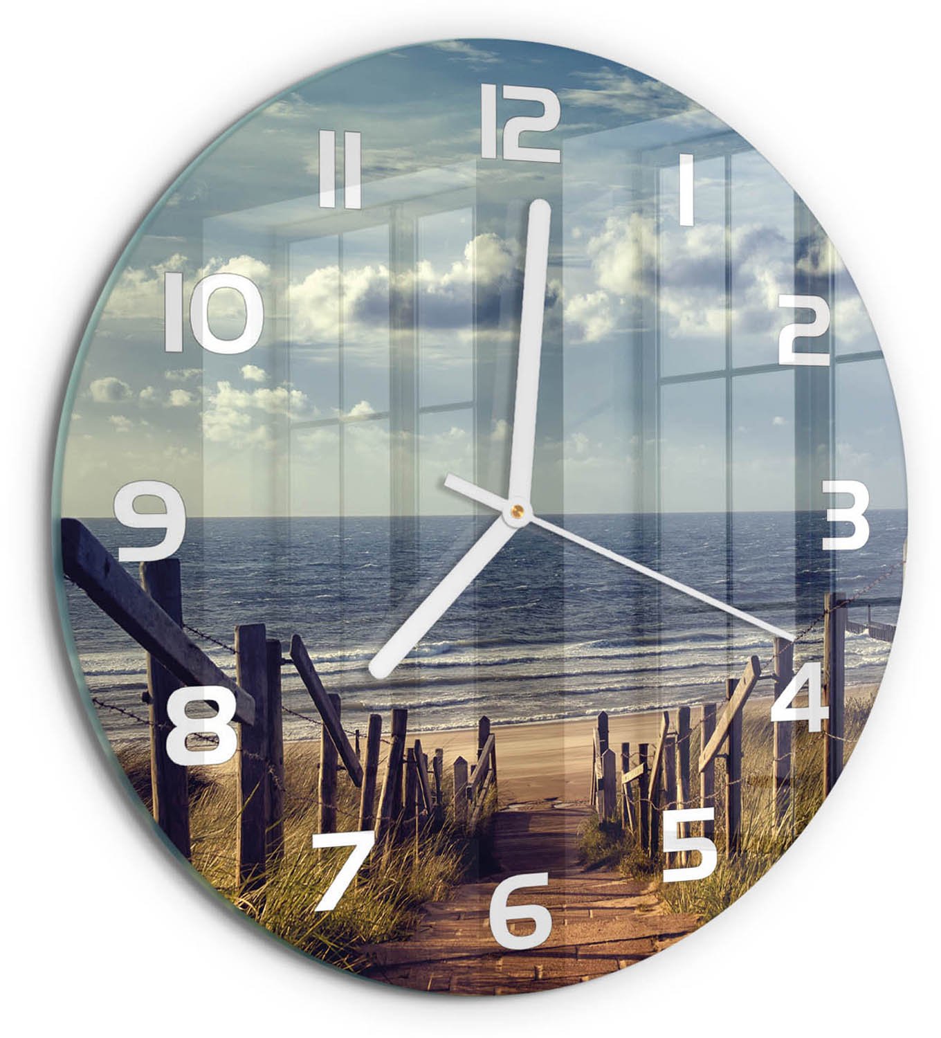 TULUP Wandklok - De weg naar het strand Moderne Wandklok Glas - fi30 cm - Blauw Wandklok Glas Decoratie - Witte handen - Ronde Klok - Glazen Wandklok Design - Klok Glas Met Opdruk