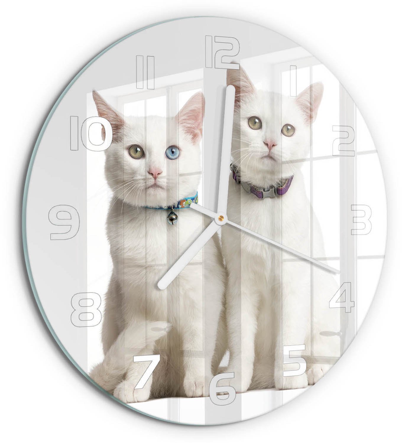 TULUP Wandklok - Witte katten Glazen Wandklok Design - fi30 cm - Wit Klok Glas Met Opdruk - Witte handen - Ronde Klok - Wandklok Glas Met Motief - Decoratieve Glazen Klok