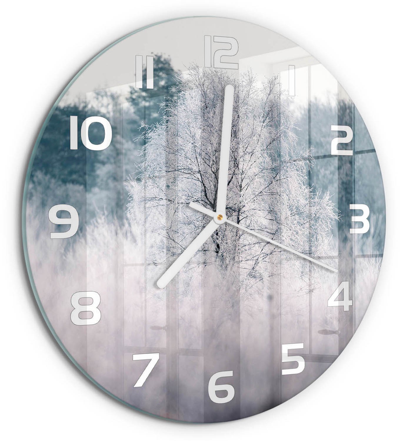 TULUP Wandklok - Winterbomen Decoratieve Glazen Klok - fi30 cm - Grijs Glazen Wandklok Design - Witte handen - Ronde Klok - Glazen Klok Met Print - Wandklok Glas Met Motief
