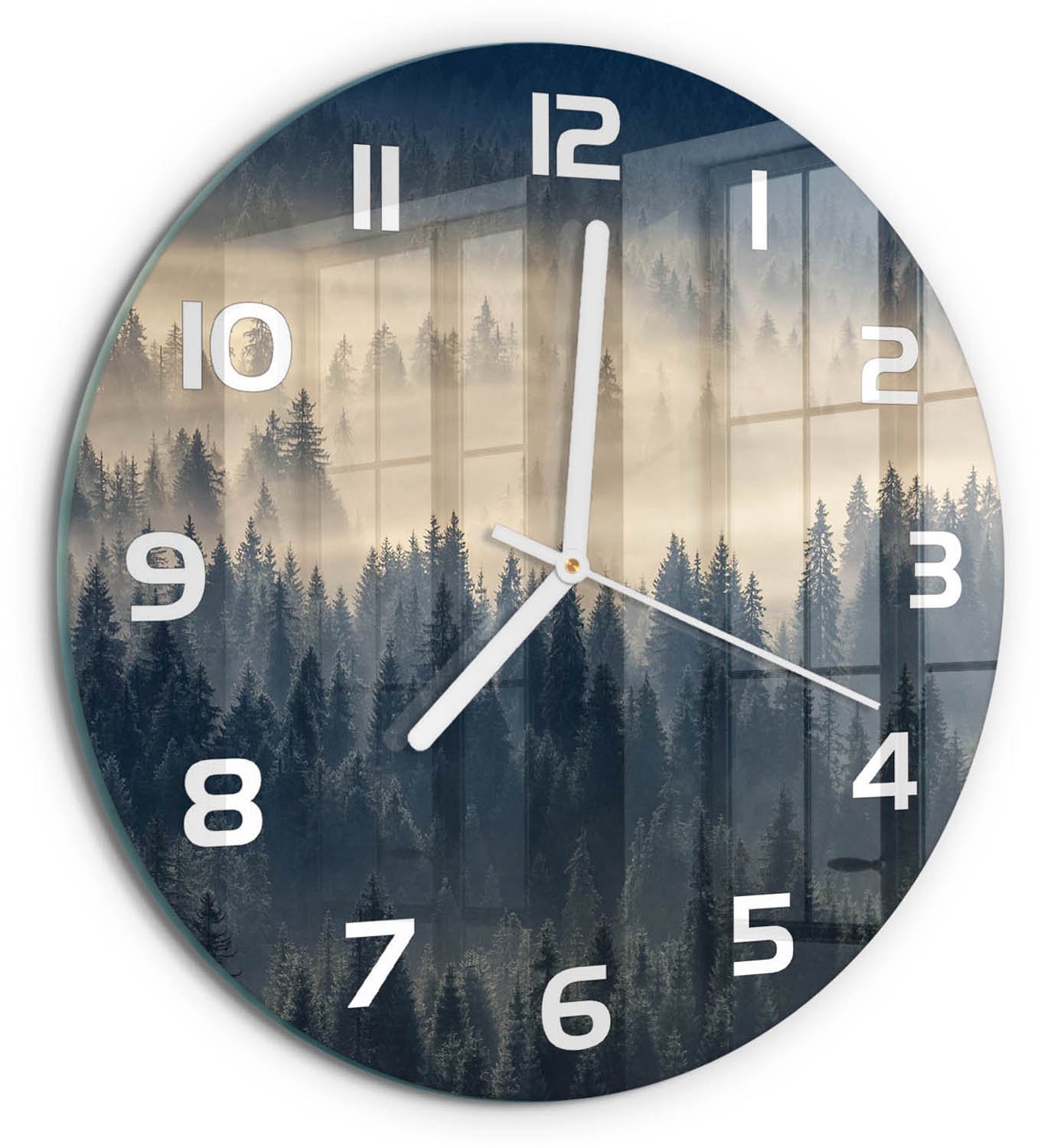 TULUP Wandklok - Mist boven het bos Decoratieve Glazen Klok - fi30 cm - Grijs Glazen Wandklok Design - Witte handen - Ronde Klok - Glazen Klok Met Print - Wandklok Glas Met Motief