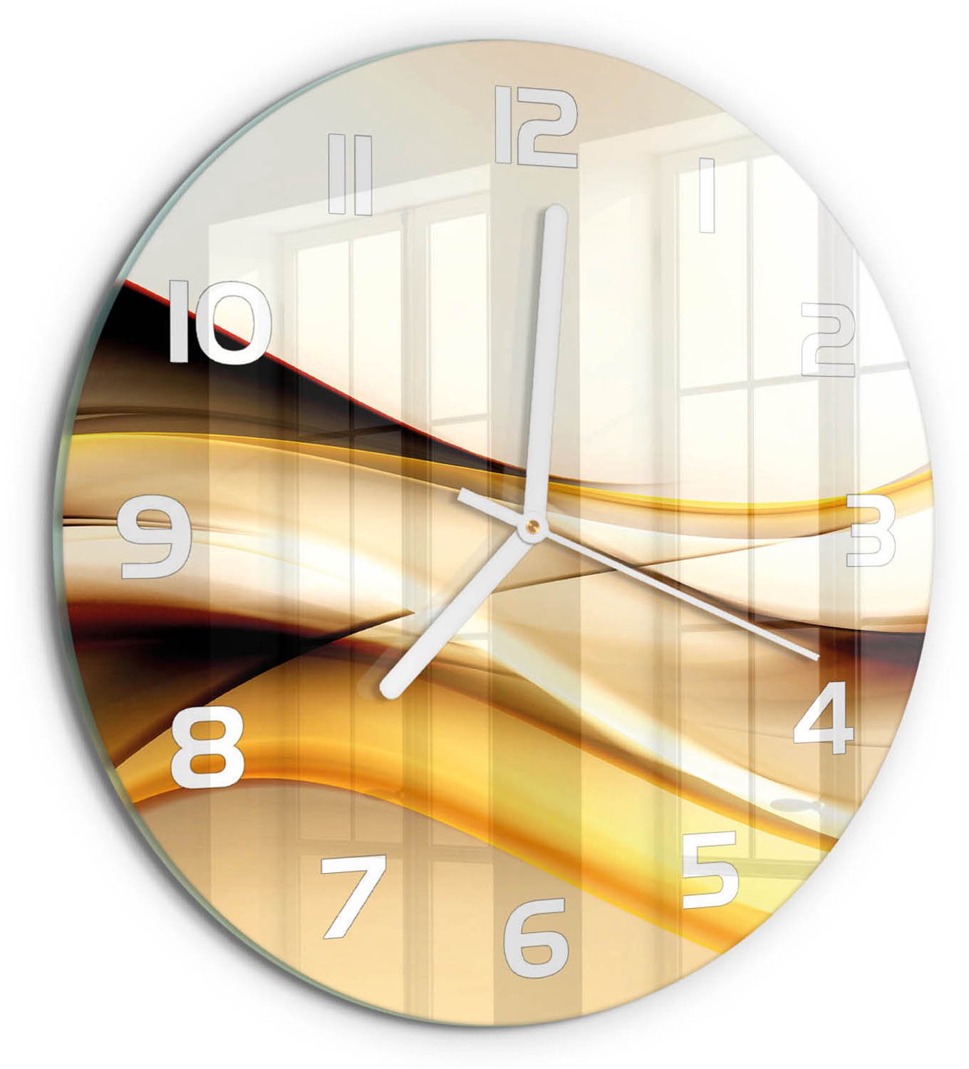 TULUP Wandklok - Abstracte golven Wandklok Glas Met Motief - fi30 cm - Geel Decoratieve Glazen Klok - Witte handen - Ronde Klok - Gekleurde Glazen Klok - Glazen Klok Met Print