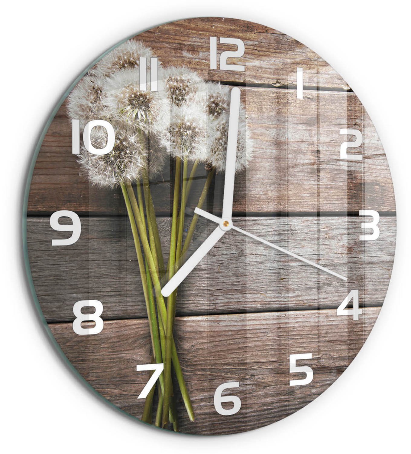 TULUP Wandklok - Paardenbloemhout Glazen Klok Met Print - fi30 cm - Bruin Wandklok Glas Met Motief - Witte handen - Ronde Klok - Wandklok Glas Decoratie - Gekleurde Glazen Klok