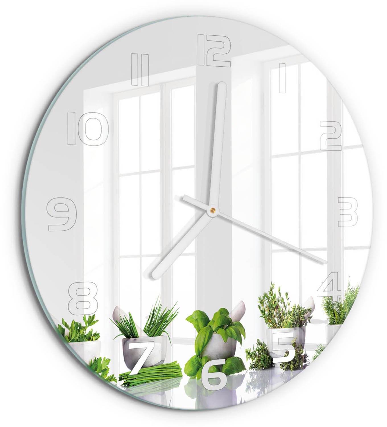 TULUP Wandklok - Kruiden Wandklok Glas Met Motief - fi30 cm - Groente Decoratieve Glazen Klok - Witte handen - Ronde Klok - Gekleurde Glazen Klok - Glazen Klok Met Print