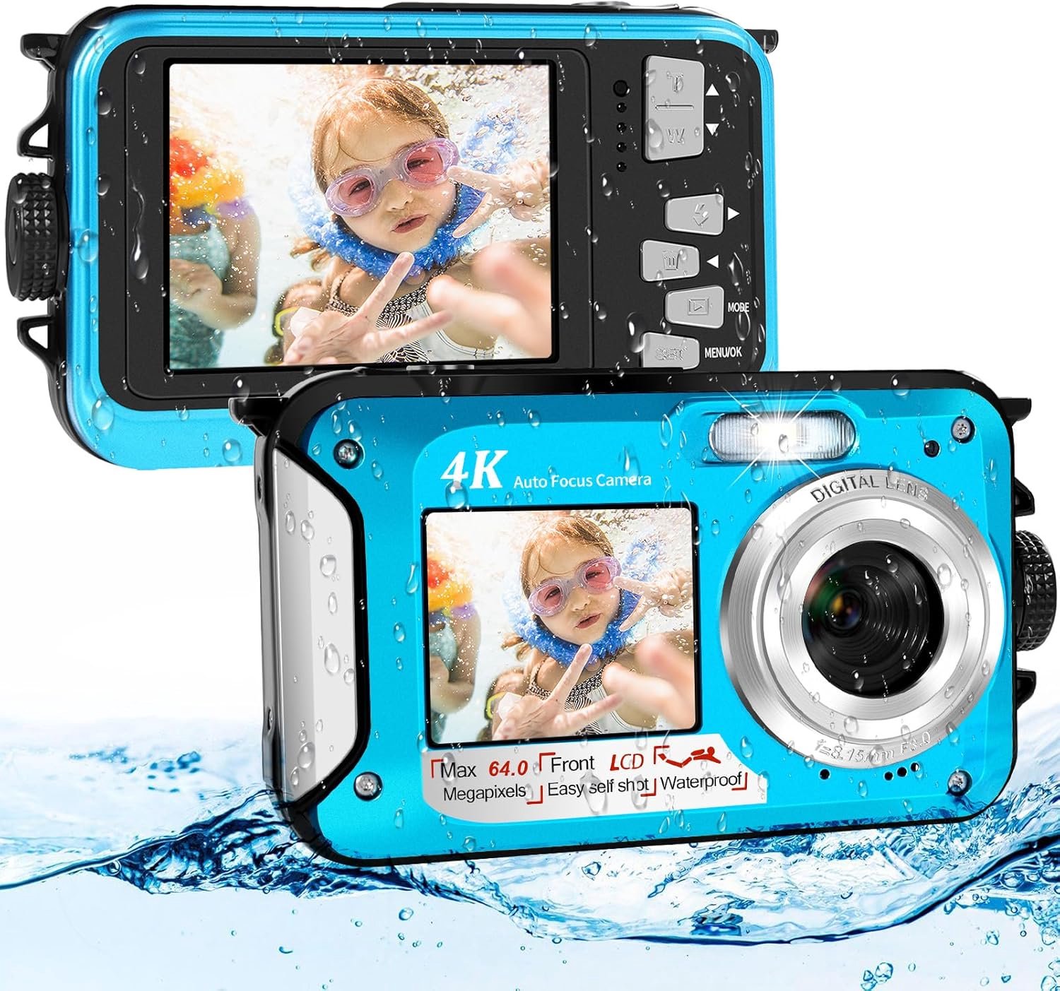 64 MP underwater camera with 64 GB memory card, 4K video, autofocus and dual display, HD selfie, 5 meters depth (blue - ShopVlot
