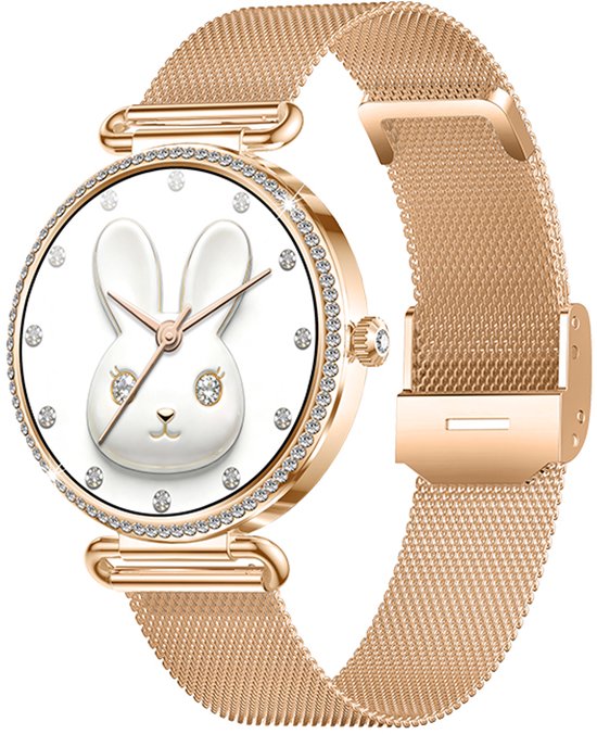 Roségouden smartwatch met mesh-band en een wijzerplaat met konijn-ontwerp en strass-steentjes.