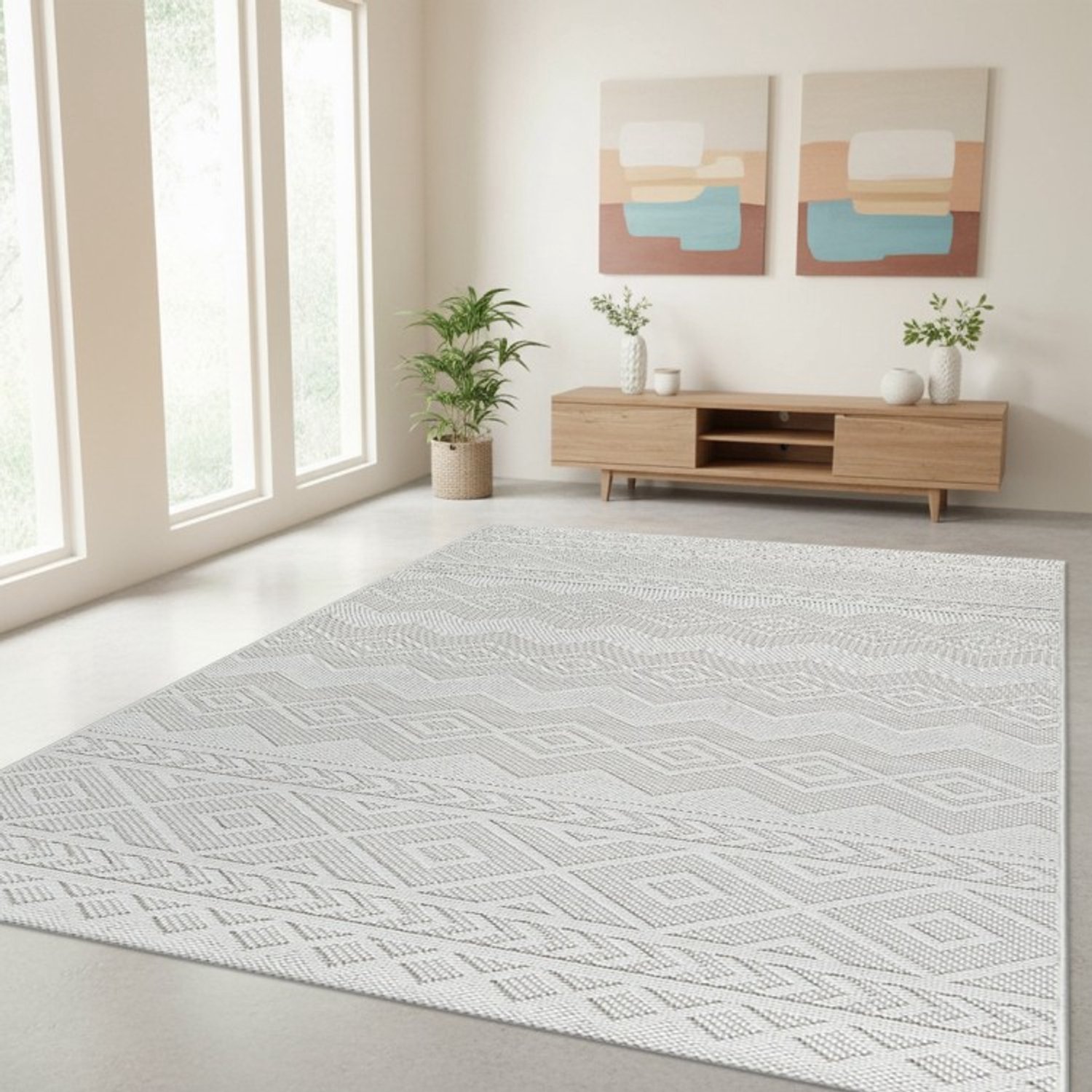 TapisTrend Designer tapijt Crème 200x280 cm Geometrisch binnen-/buitenkleed vloerkleed met geweven ruit- en chevronpatronen voor de woonkamer, slaapkamer en eetkamer Beige