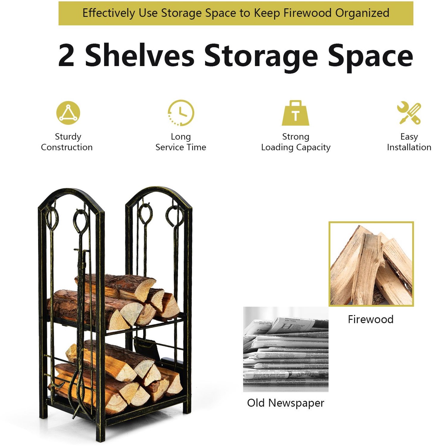 SureDeal® - Haardaccessoire - Vuurplaatsset Delig - Metalen Haardhoutrek Brandhoutstandaard - Planken Borstel Tang - 44x30x74 cm - Brons