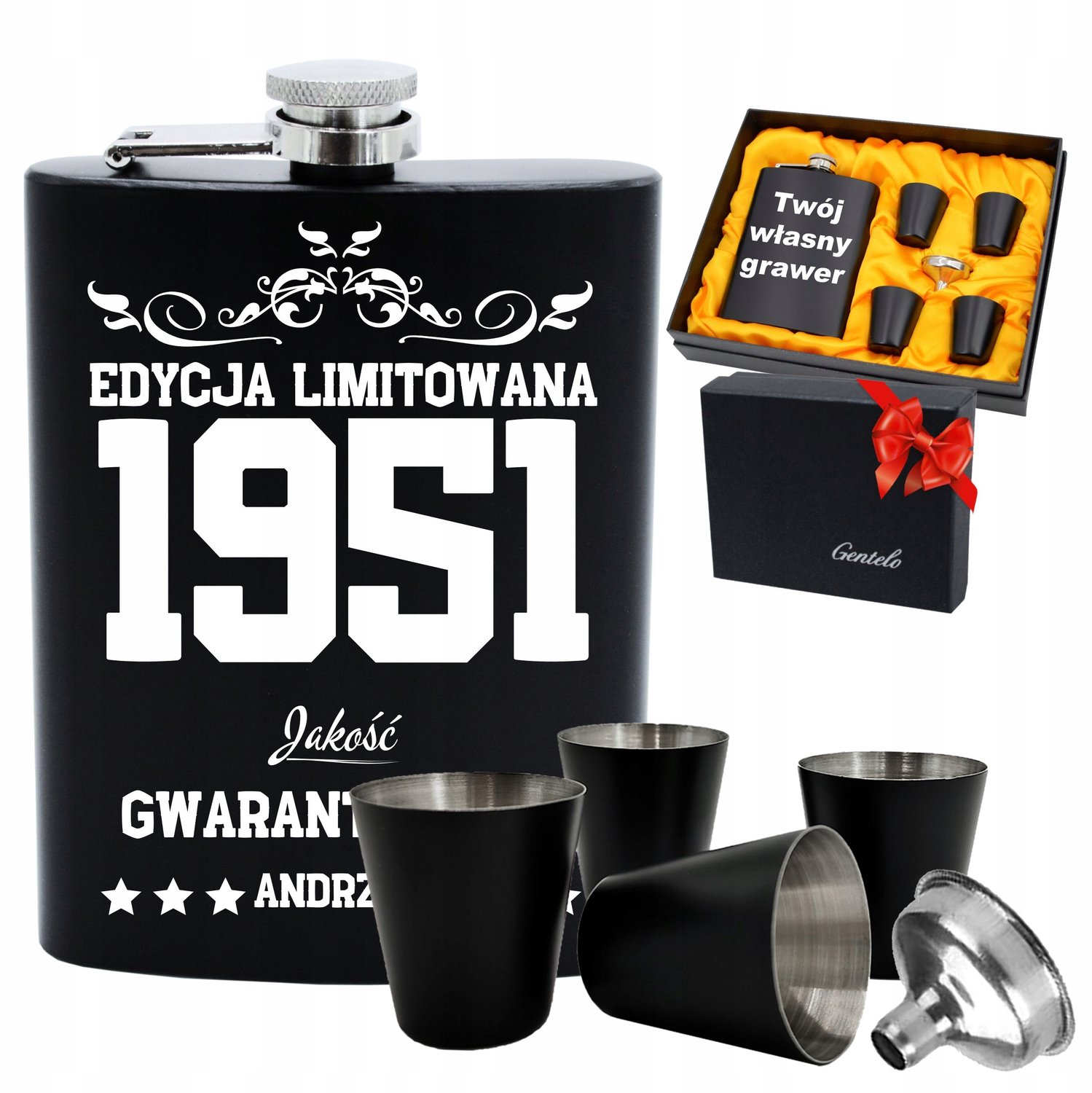 Set: Metalen Fluwitzak met 4 Glaasjes en Trechter - Cadeau