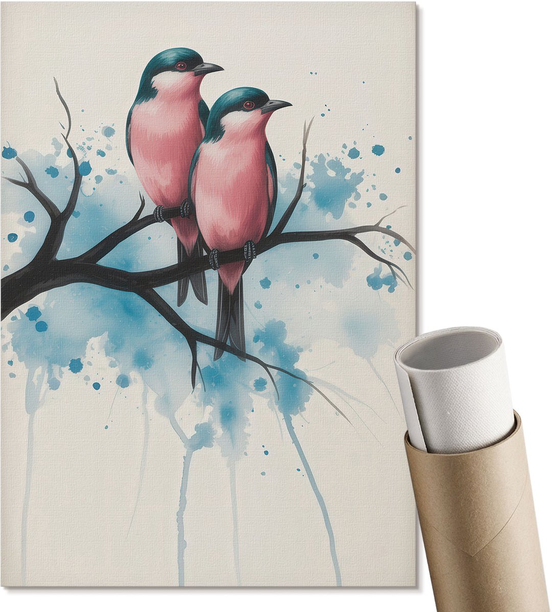 Coloray Polycanvas Wandposter - Aquarel Vogels, Waterverf - A4 - Roze Poster - Rechthoek - Canvasposter - Woonkamer, Slaapkamer, Kantoor - Expressief