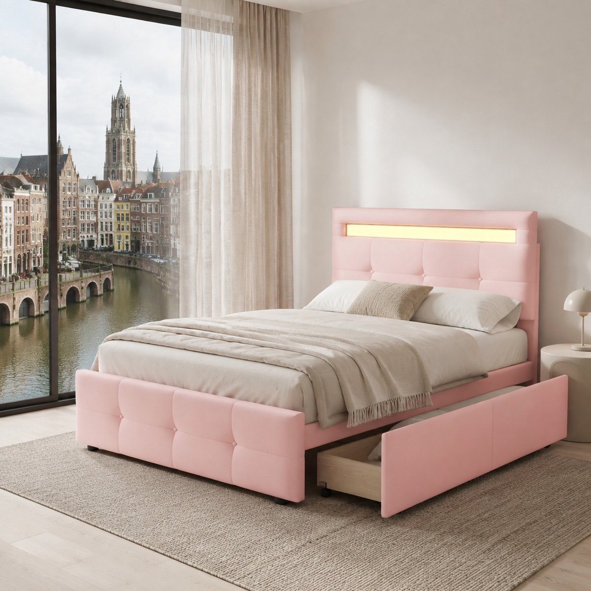 WUVRIE Eenpersoonsbed 90x200 cm met LED, 2 lades, verstelbaar hoofdeinde en lattenbodem, roze