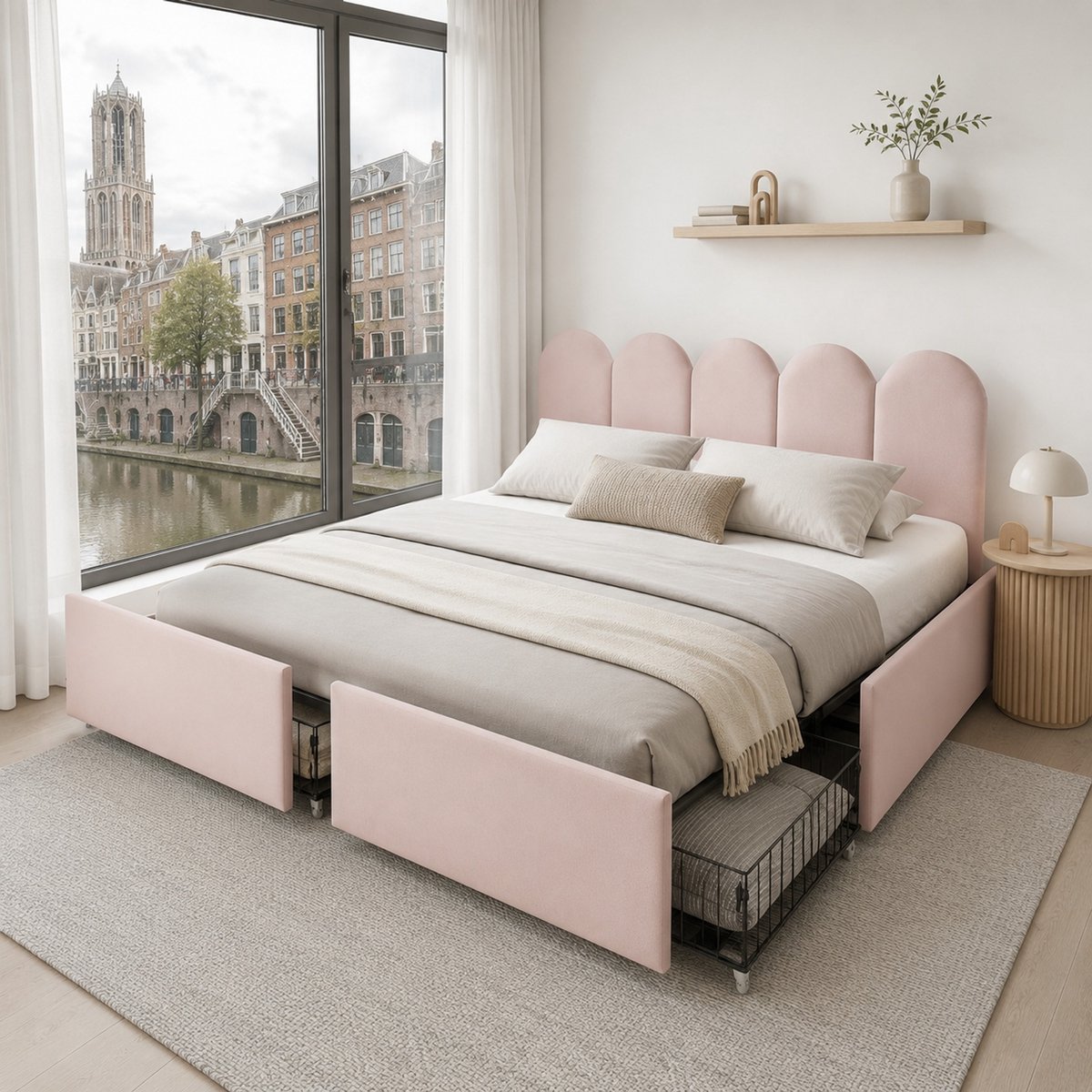 WUVRIE Slaapbank 90x190 cm met 2 lades, lattenbodem en fluwelen bekleding, roze
