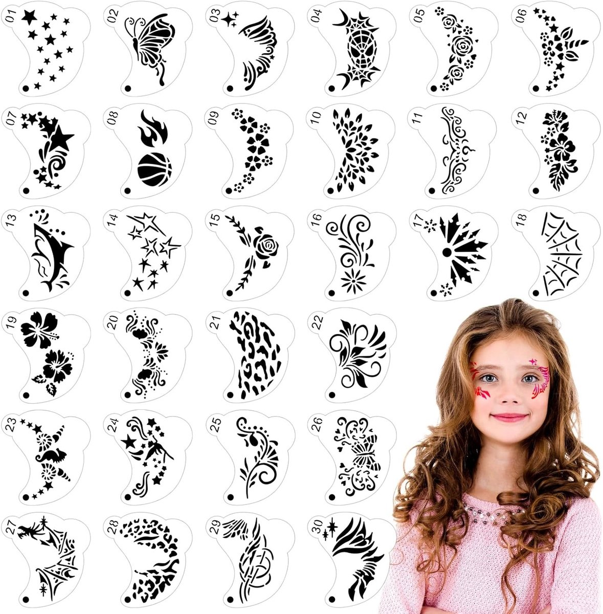 30 Gezichtsverf Sjablonen voor Kinderen en Volwassenen, Herbruikbare Tattoo Sjablonen voor Feest, Halloween en Make-up Kunst