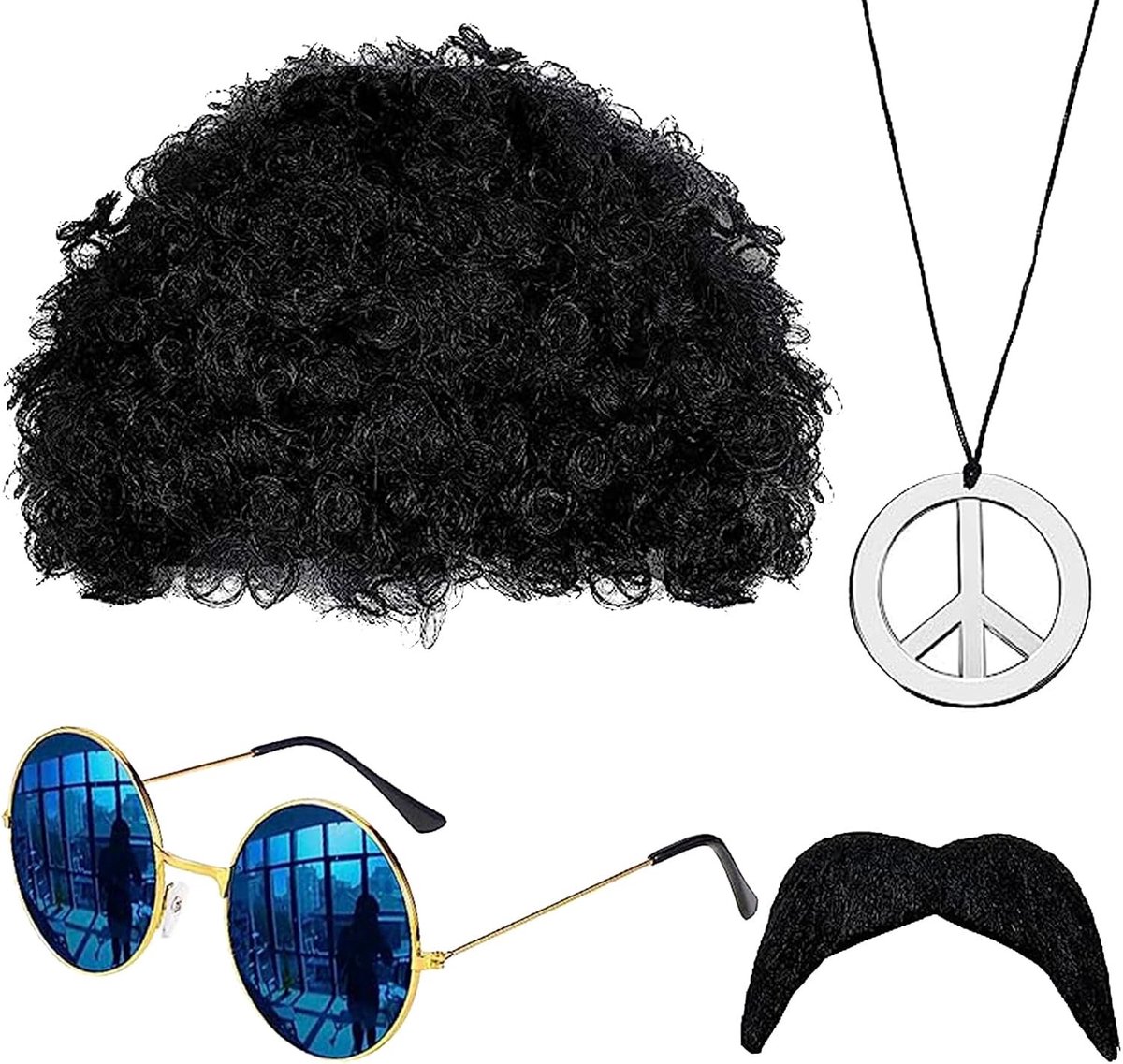 Hippie Kostuum Set met 4 Accessoires: Afro Peruk, Funky Zonnebril, Vredesteken Ketting en Zelfklevende Neppor voor Carnaval en Themafeesten