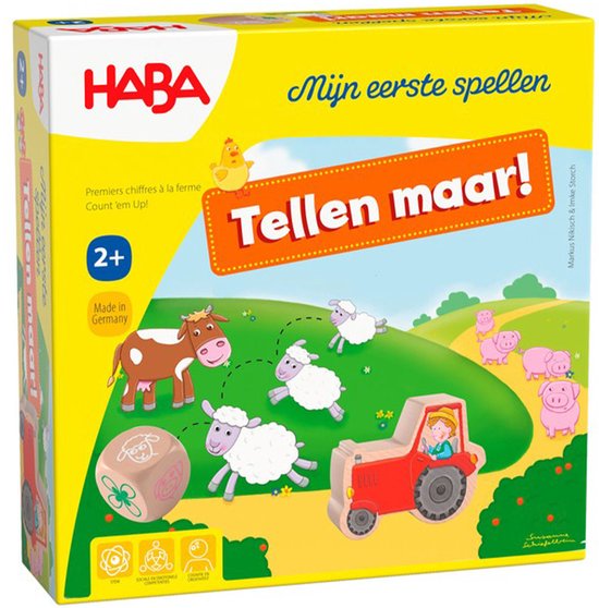 Doos van het spel Tellen maar! met een tractor, boerderijdieren, en HABA logo. Leeftijd 2+.