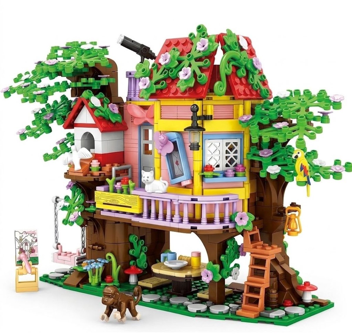 Zhe Gao 8841 Dieren Boomhut Poppenhuis bouwset | Pet friends botanical tree house modelbouw | Educatief constructie speelgoed bouwpakketten voor volwassenen & kinderen | Decoratie bonsai bloemen niet geschikt voor lego | Bouwdoos met 840 bouwstenen