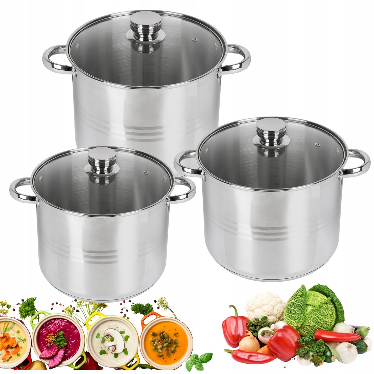 6-delige RVS Pannenset Inductie & Gas - 8L/10L/12L