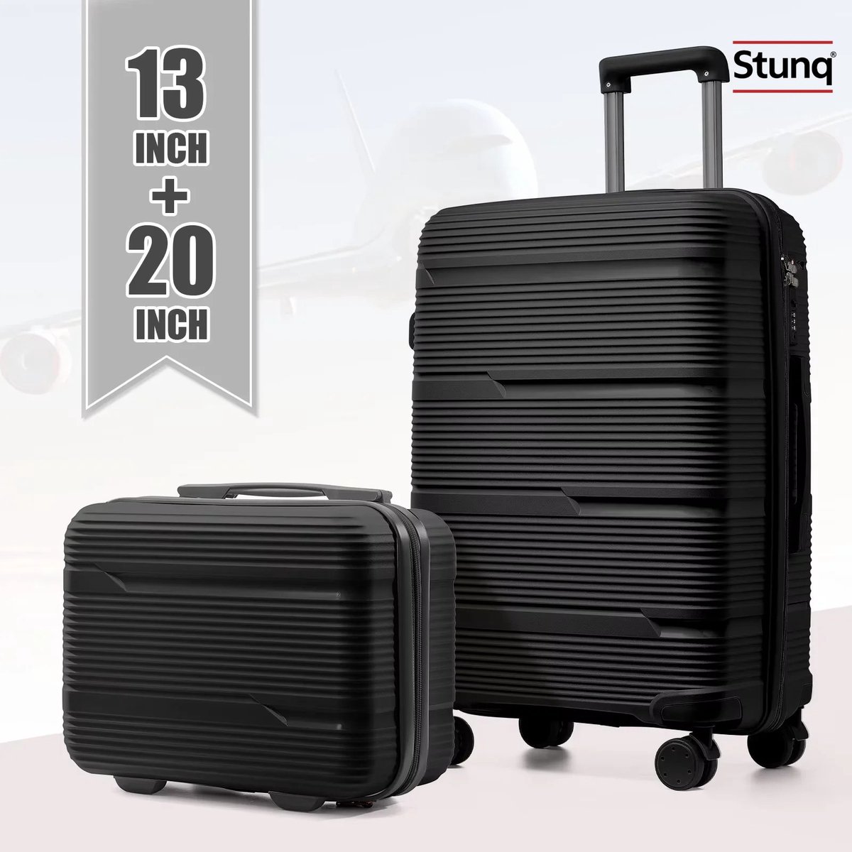 Stunq® Reiskoffer Set 13+20 inch Zwart – Handbagage Trolley met Cosmetische Koffer