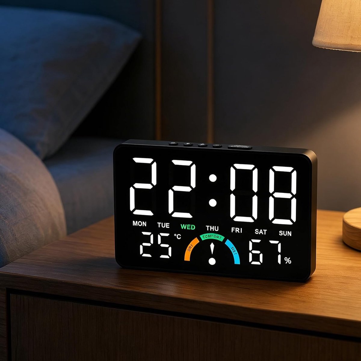 Digitale wekker met licht, grote led-digitale klok zonder tikken, draadloze wekker met temperatuur, luchtvochtigheid, datum, luid alarm voor diepe slapers, kinderen, tafelklok, muur of bureau, modern