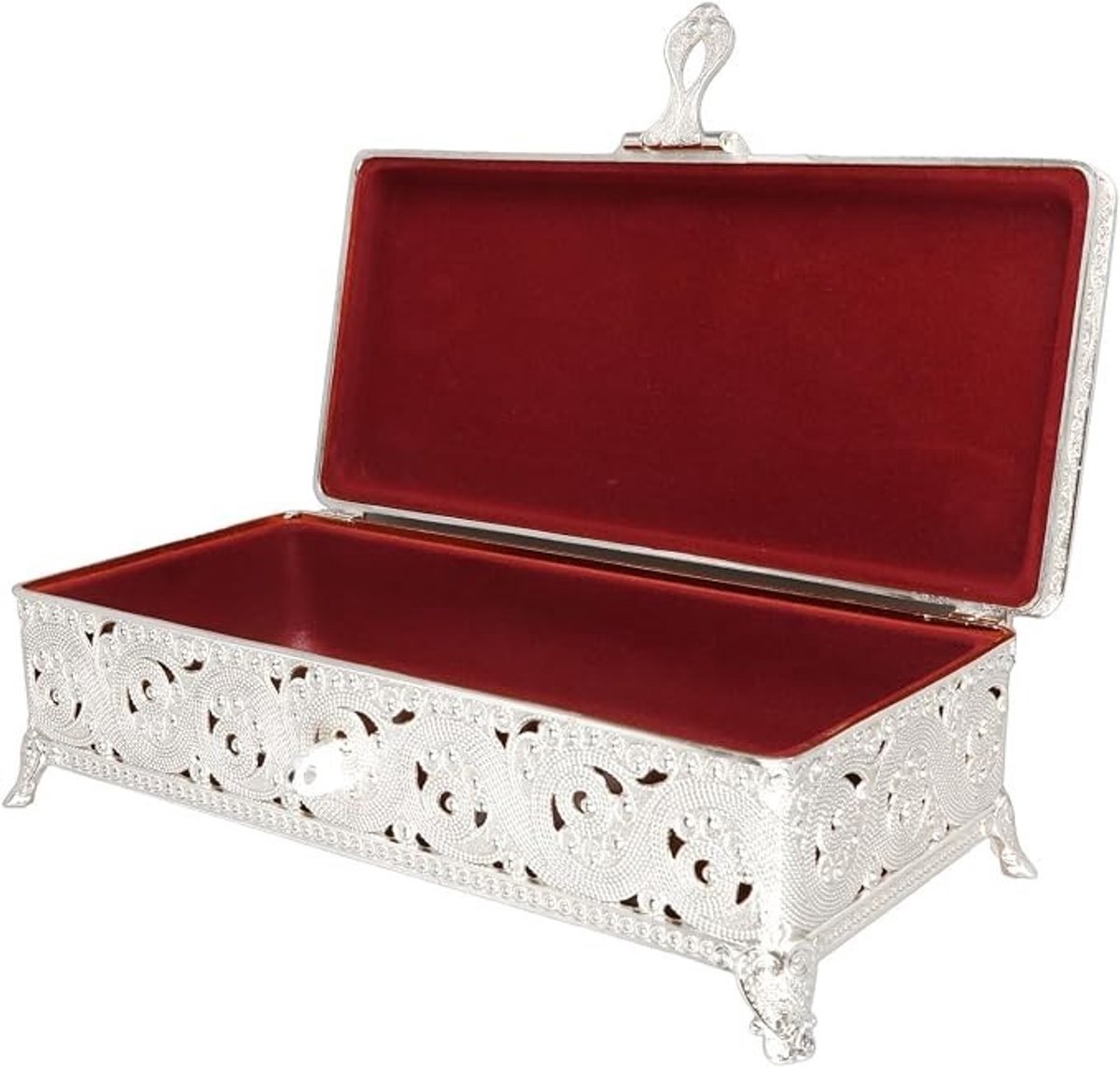 PolkaHome Vintage Metalen Juwelendoos met Rode Fluweel Voering, Zilver