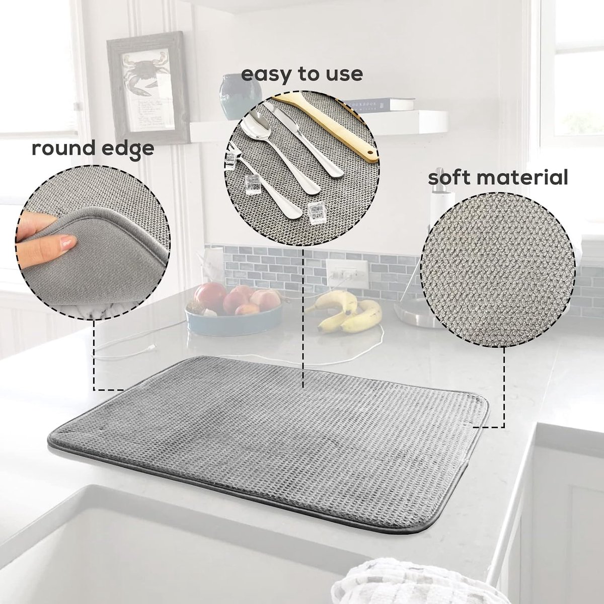 3 stuks - Absorberende en sneldrogende placemat van microvezel - Afdruipmat - Droogmat - Bestekmat - 50 x 38 cm - Beige, Grijs, Blauw