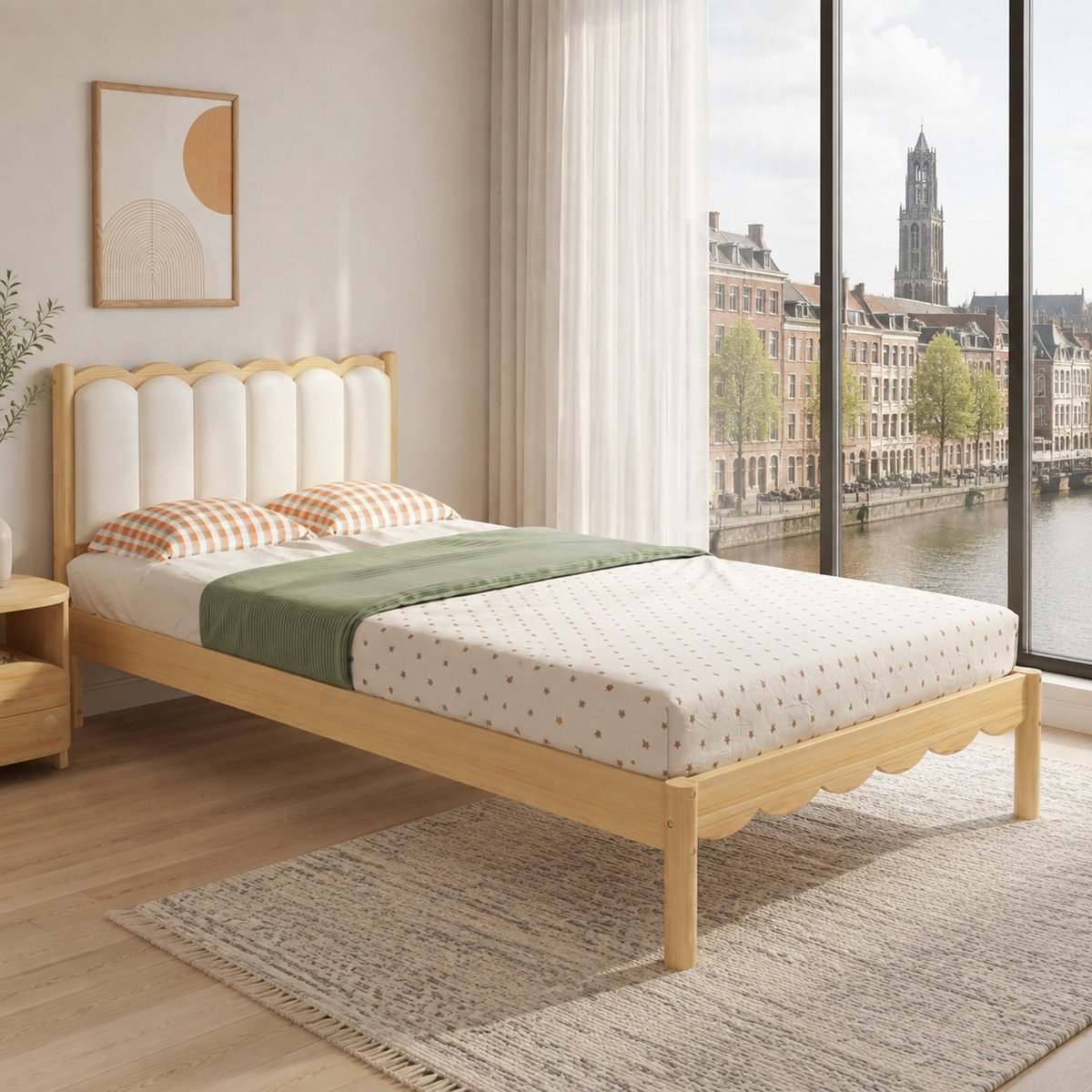 WUVRIE Kinderbed 90x200 cm met PU-kopstuk, golvend ontwerp, lattenbodem en houten frame, beige/naturel