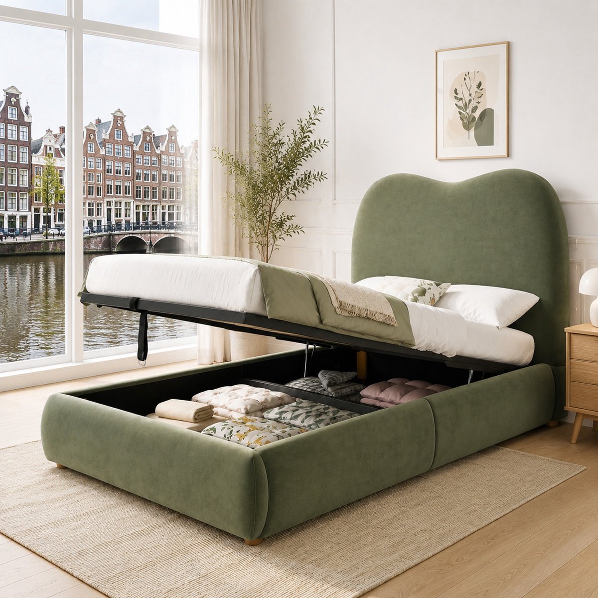 WUVRIE Opbergbed 90x200 cm met hydraulische opbergruimte, lattenbodem en hoofdeinde, groen fluweel