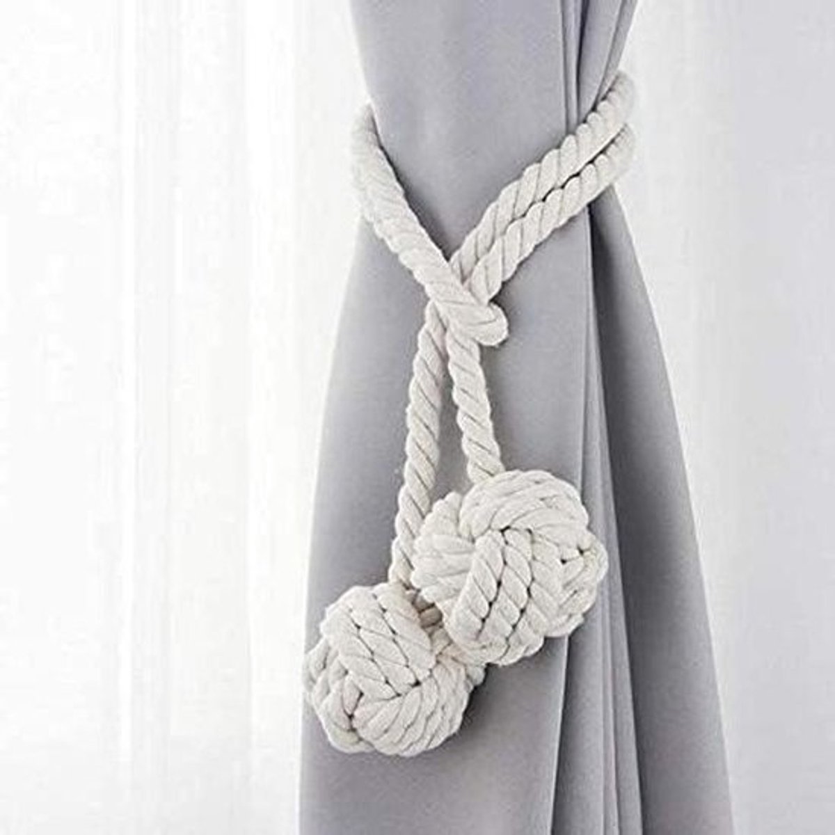 Macrame Gordijn Tieback - Gordijnband Bal - Gordijnen Versieren - Handgeweven Katoen - 110 cm Touw - Beige