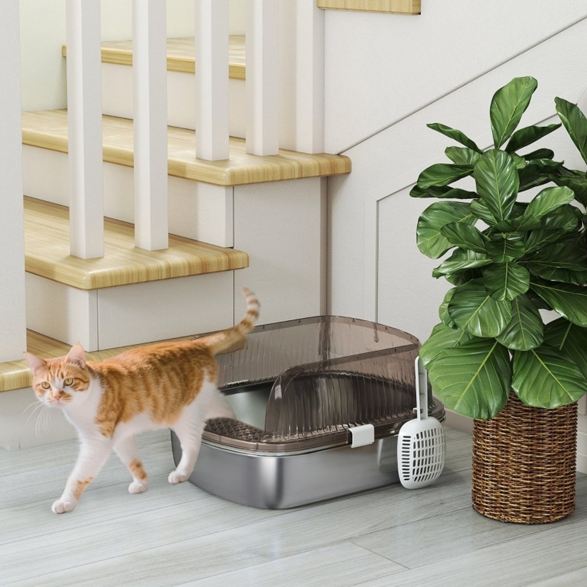 MODFU - Kattenbak - Hoge Rand En Lage Instap - Open - RVS En ABS - Antraciet - 53x42x27 Cm
