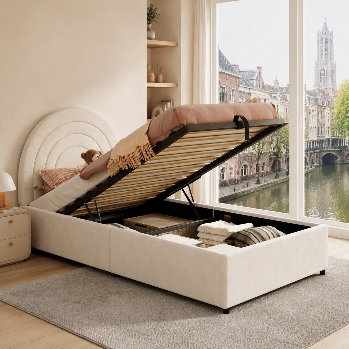 WUVRIE Opbergbed 90x200 cm in beige met lattenbodem, gestoffeerd hoofdbord en hydraulische opbergruimte