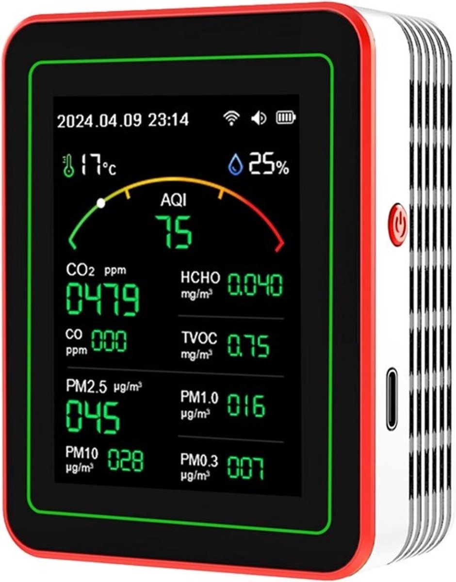 Luchtkwaliteit Meter - Luchtkwaliteit Detector - Gezondheid Monitoren - Dubbele Ventilatie Structuur - 70x35x90mm - Wit Rood