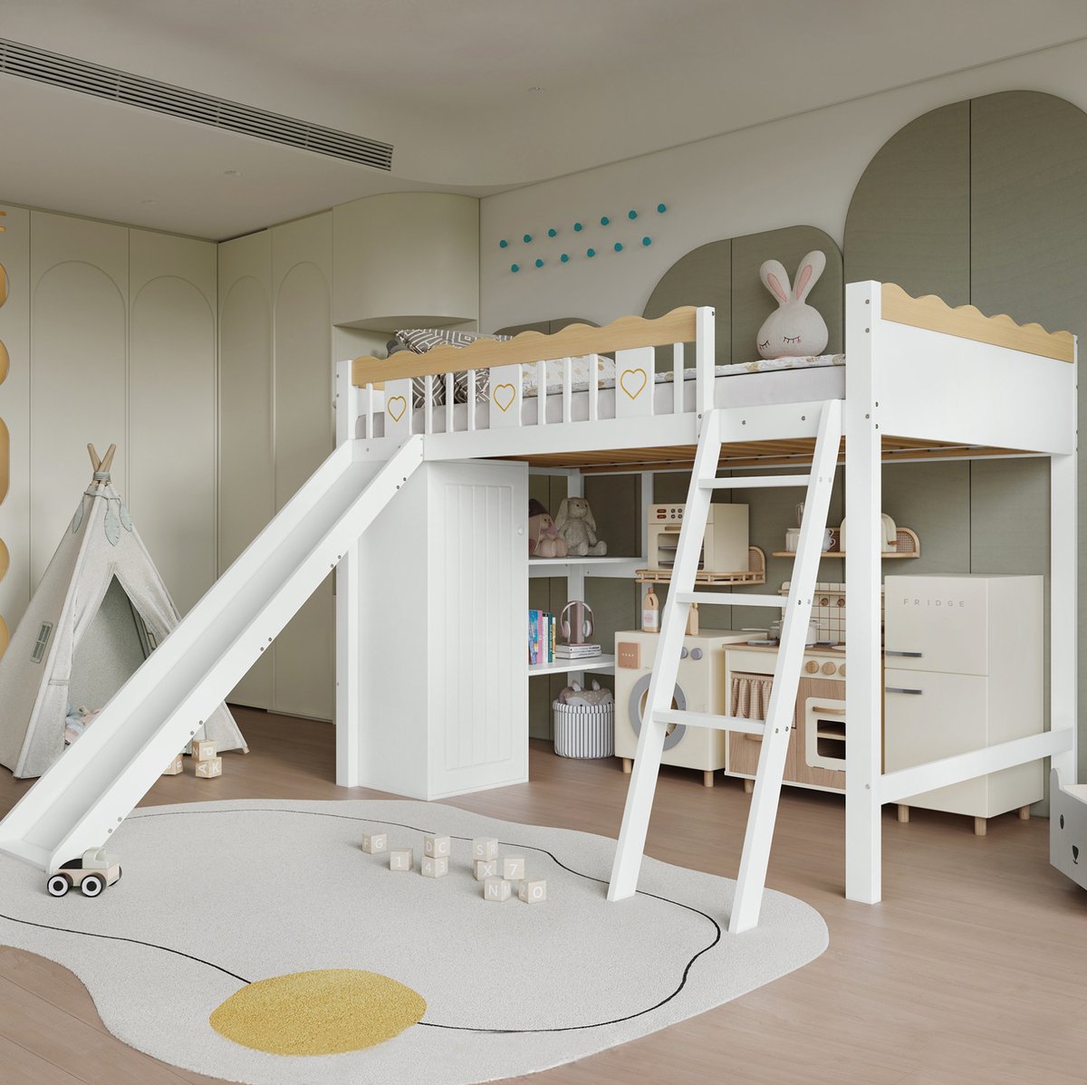 REDOM - Hoogslaper kind - Met kinderrutsche en ladder - Met kleiderschrank en opbergruimte onder het bed - Voor kinderkamer - Hout en MDF - Wit en natuur - 90 x 200 cm
