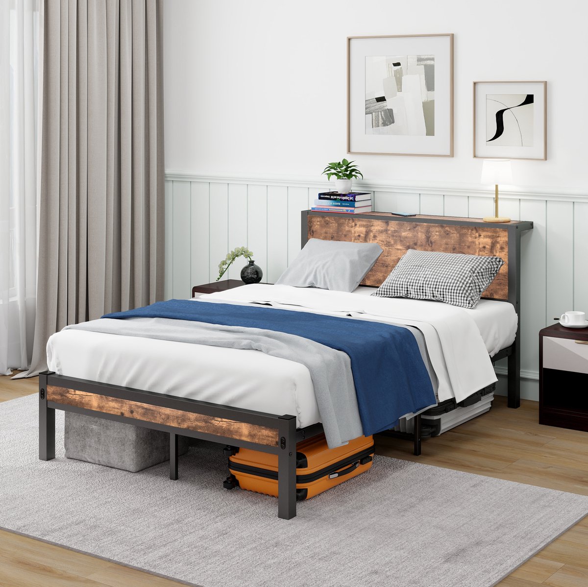 REDOM - Bedframe - Met opbergruimte - Met metalen lattenbodem - Moderne stijl - Slaapkamer - MDF en metaal - Antiekbruin - 120 x 200 cm