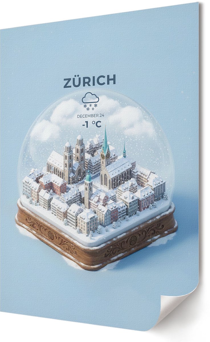 Coloray Polycanvas Wandposter - Zürich Sneeuwbol, Illustratie - 420 x 594 - Blauw Kunst - Rechthoek - Canvasposter - Woonkamer, Slaapkamer, Kantoor - Modern