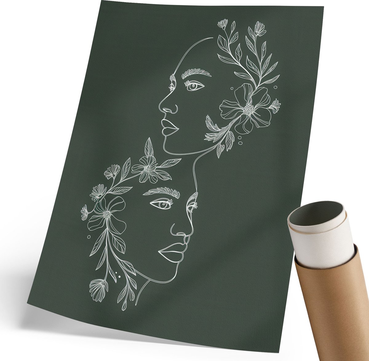 Coloray Polycanvas Poster - Bloemenportretten, Lijntekening - 210 x 297 mm - Groen Illustratie - Rechthoek - Decoratieve poster - Woonkamer, Slaapkamer, Kantoor - Boho