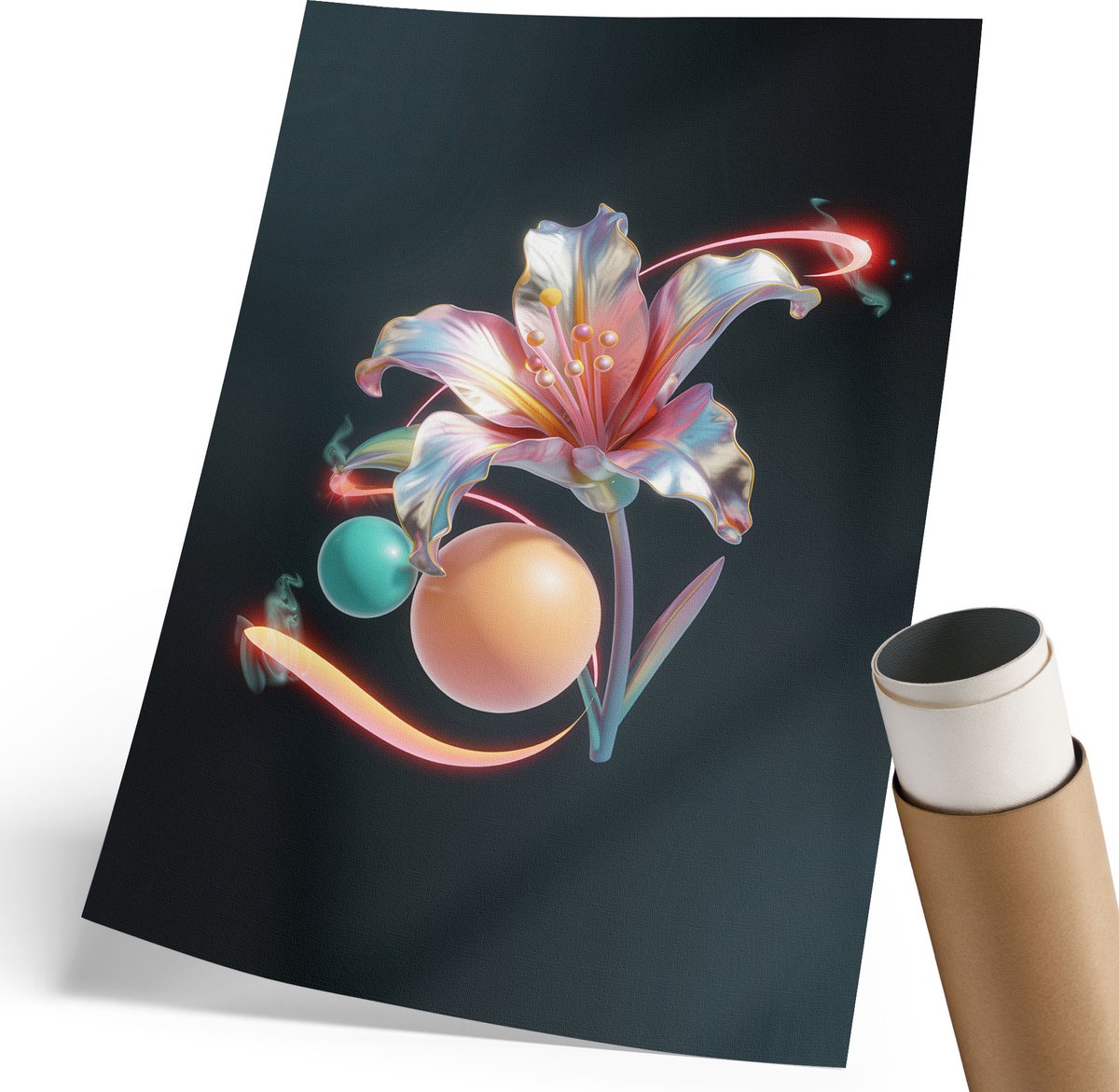 Coloray Polycanvas Wandposter - Een Bloem Uit De Toekomst, Illustratie - 210 x 297 mm - Roze Wanddecoratie - Rechthoek - Wandkunstwerk - Woonkamer, Slaapkamer, Kantoor - Modern