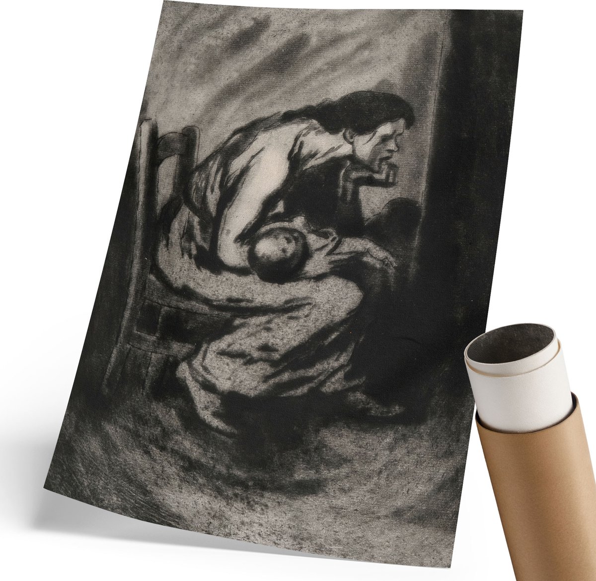 Coloray Polycanvas Poster - Moeder Met Kind, Schilderen - 210 x 297 mm - Zwart Motief - Rechthoek - Decoratieve poster - Woonkamer, Slaapkamer, Kantoor - Expressief