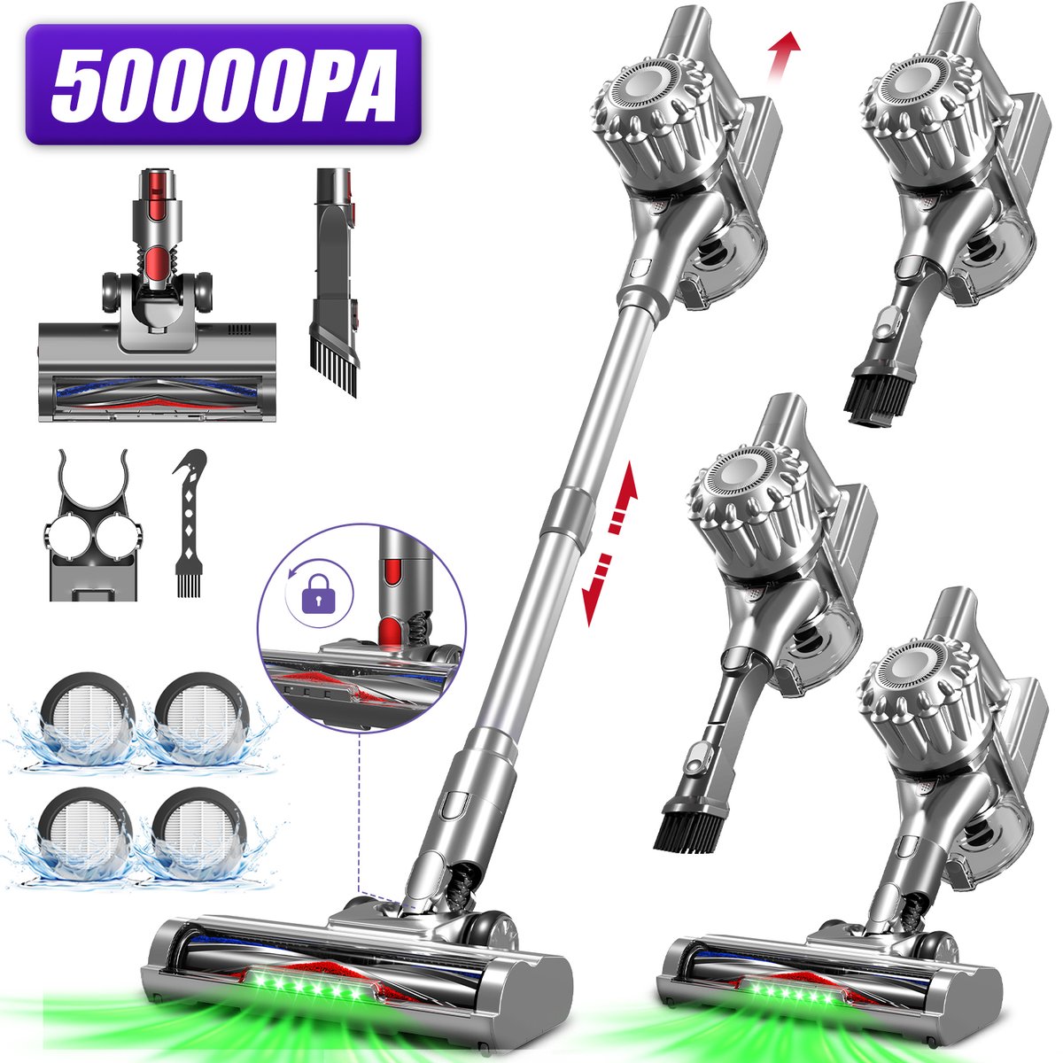Adormii Steelstofzuiger Draadloos – 50 kPa Sterke Zuigkracht – Tot 60 Min Accuduur – Anti-haarwikkel Vloerborstel – 4 HEPA-filters – 1,6 L Stofreservoir – Groene LED Stofdetectieverlichting – Zilver