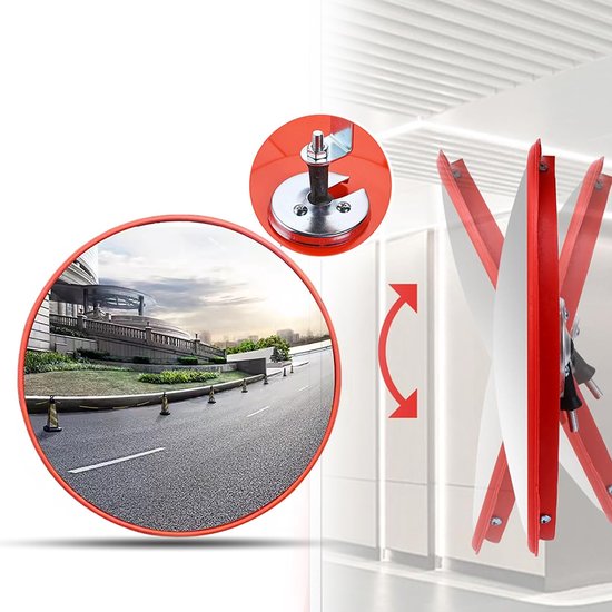 Ronde spiegel met rode rand die een interieur met auto's reflecteert. Verstelbare rode montagebeugel zichtbaar.