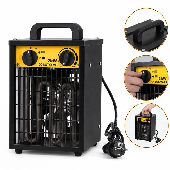 Zwarte werkplaatskachel van 2kW met geel bedieningspaneel, twee draaiknoppen en een beschermend rooster.