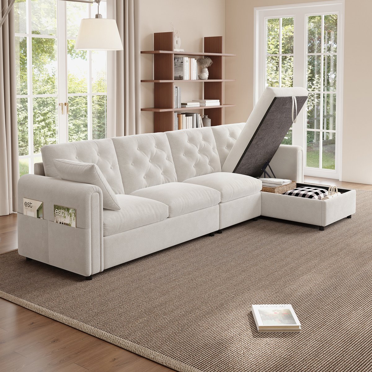 Hoekbank - 281 x 132 x 86 cm - fluwelen bekleding - met slaapfunctie - met opbergruimte - met armleuningen - voor de woonkamer - Beige