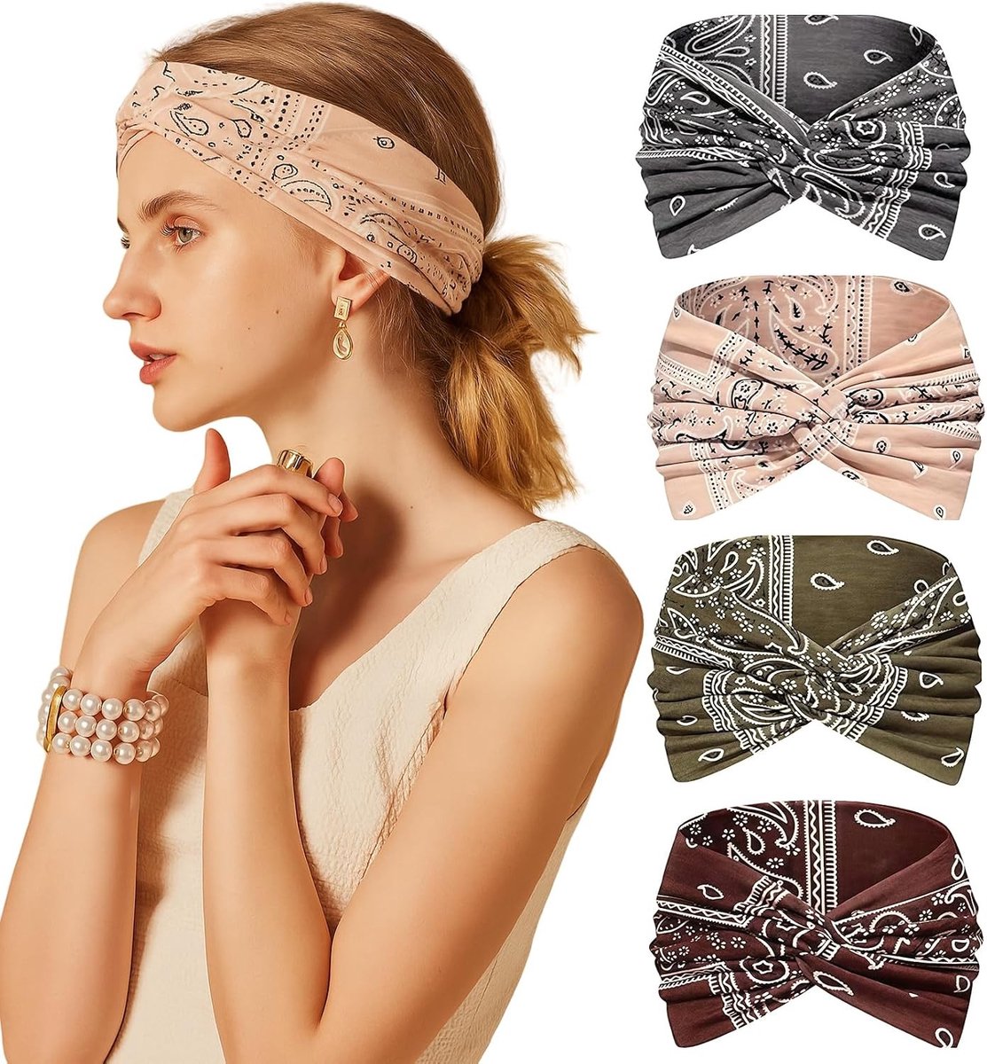 4 Stuks Vrouwelijke Vintage Haarbanden - Brede Elastische Bohemian Tie Dye Haaraccessoires voor Make-up, Sport en Yoga