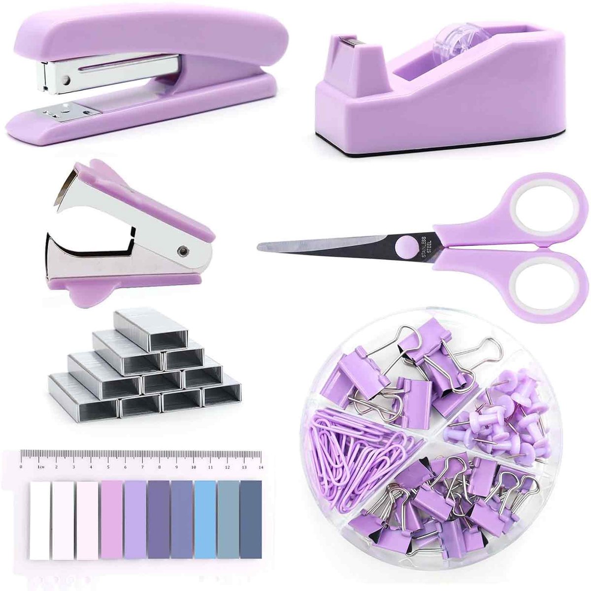 Bureauaccessoires Set - Set met Boekenlegger en Plakbandhouder - Inclusief Boekenleggers, Plakbandhouders, Pagina- en Papierclips, Nietjes, Perforator, Schaar en Etiketten - Cadeau voor Dames - Paars